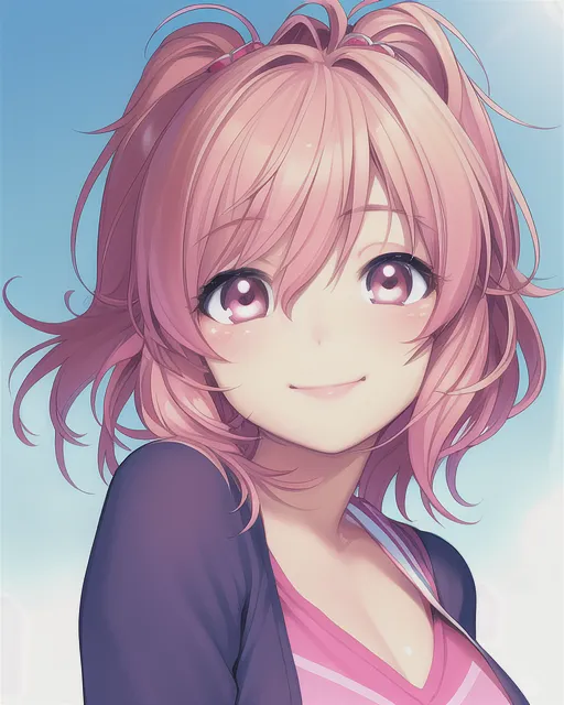 Natsuki from Doki Doki literature club smiling, cute, high quality, semi realistic, close up portrait 