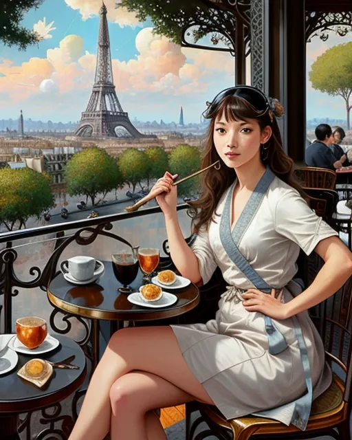 A beautiful woman sitting at a on - Free AI Photo Generator - starryai