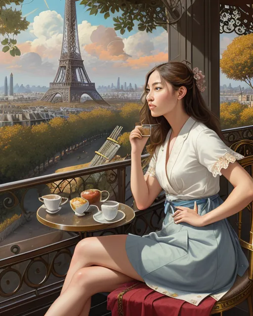 A beautiful woman sitting at a on - Free AI Photo Generator - starryai