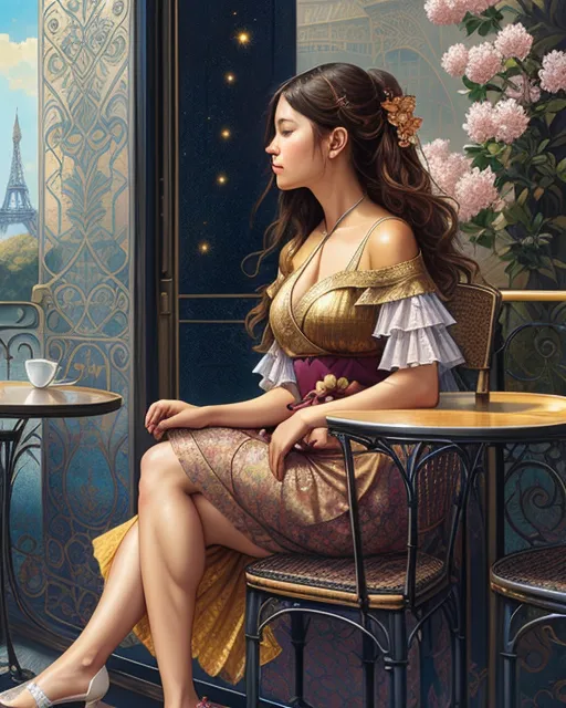 A beautiful woman sitting at a on - Free AI Photo Generator - starryai