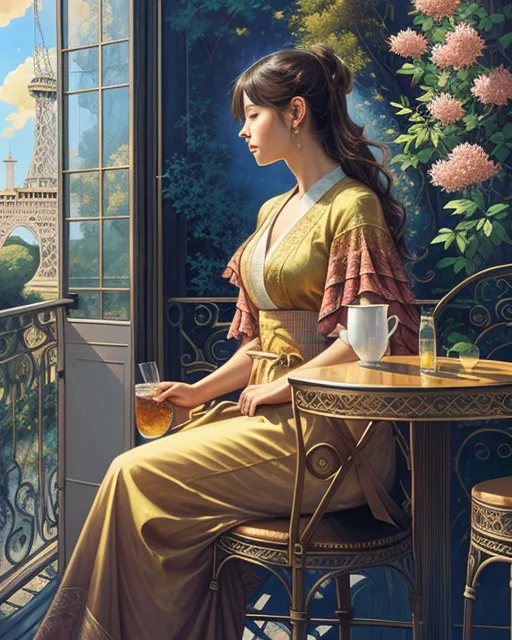 A beautiful woman sitting at a on - Free AI Photo Generator - starryai