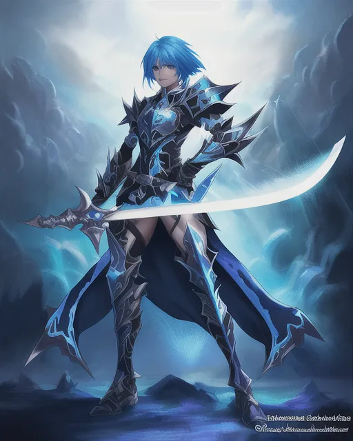 Spectral warrior sword blue hair, art - AI Photo Generator - starryai