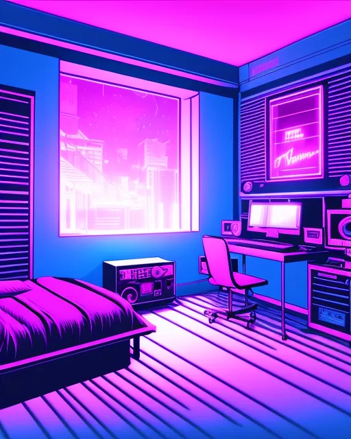 bedroom, beautiful synthwave room, - AI Photo Generator - starryai