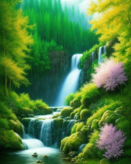 , beautiful landscape,  realistic and natural,  detailed full-color,  nature,  hd photography,  galen rowell,  david muench,  perfect composition,  gloss,  hyperrealism a waterfall in a forest with flowers and trees very peaceful