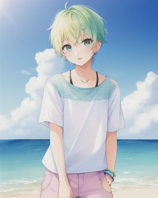 A boy with pastel colored short hair with bangs, freckles, peircings and unnatual eye color. wearing clothes that are summer themed.