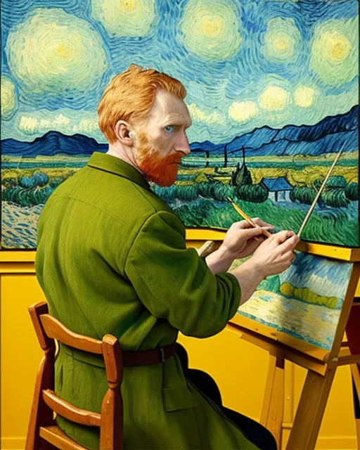 A meta painting of Van Gogh painting a Van Gogh painting a landscape 