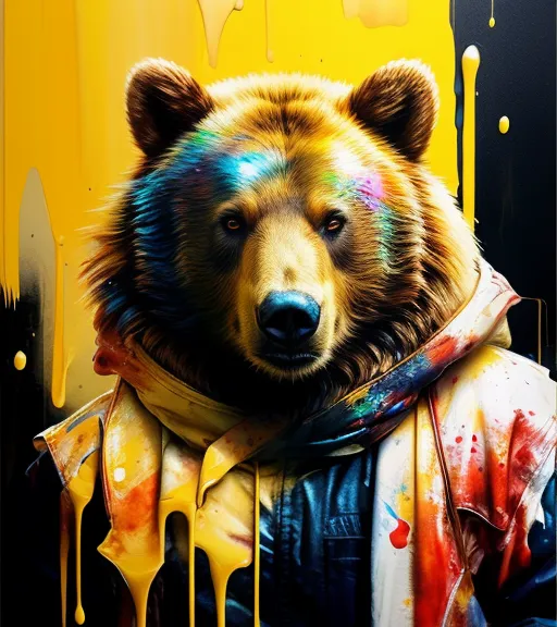 Bear. Hyperrealism, detailed painting, oil painting, bright, beautiful, splash, cute and adorable, extremely, Graffiti, and Realistic oil painting. Fine detail, Fantasy art, liquid chrome, wet on wet, png format, bright, colorful illustration, Delicate, Speedpaint_with_large_brush_strokes_and_spatter_paint, Oil Spatter, Paint Strokes, Ink Drip, masterpiece, 8k resolution, highly detailed complex, black_lineart, sharp focus, sf, complex artwork masterpiece, sinister, matte painting film poster, golden ratio, intricate, epic, highly detailed, vivid, production cinematic character rendering