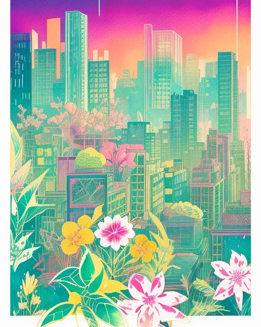 victo ngai, colorful vector illustration, nature punk cityscape view from a rooftop, spring, morning, detailed, bright light, plants, flowers, watercolor, hyper detailed, beautiful, futuristic, colorful, iridescent, synesthesia, vibrant