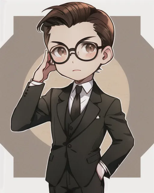 Male character, slicked brown hair, brown eyes, round glasses, 1930s, dark suit, chibi