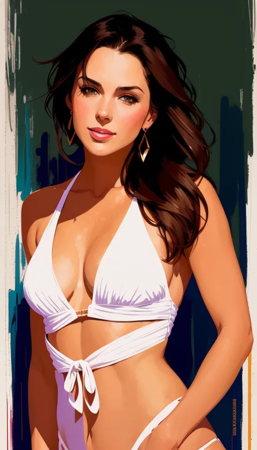 Gorgeous brunette woman white bikini F - AI Photo Generator - starryai