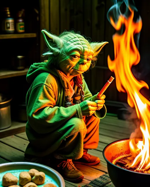 Yoda smoking marijuana joint his hut, - AI Photo Generator - starryai