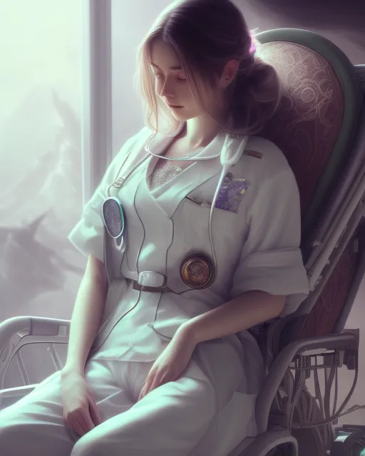 Exhausted Nurse sleeping in a chair in a hospital, fantasy art, concept art, Anna Dittmann, hyperdetailed, detailed, intricate, meticulous, trending on artstation, game art, character modelling, character design, creature design, Realistic , Hyper realistic