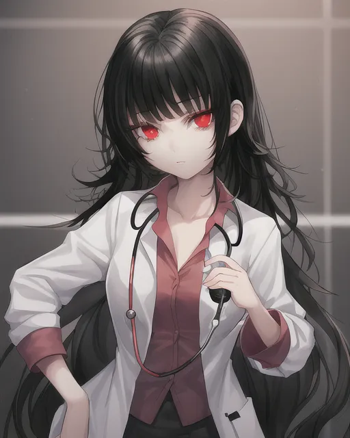 beautiful and sweet girl with black hair and red eyes with and she has a stethoscope with a needle in his hand wearing a doctor's coat she is 14 years old