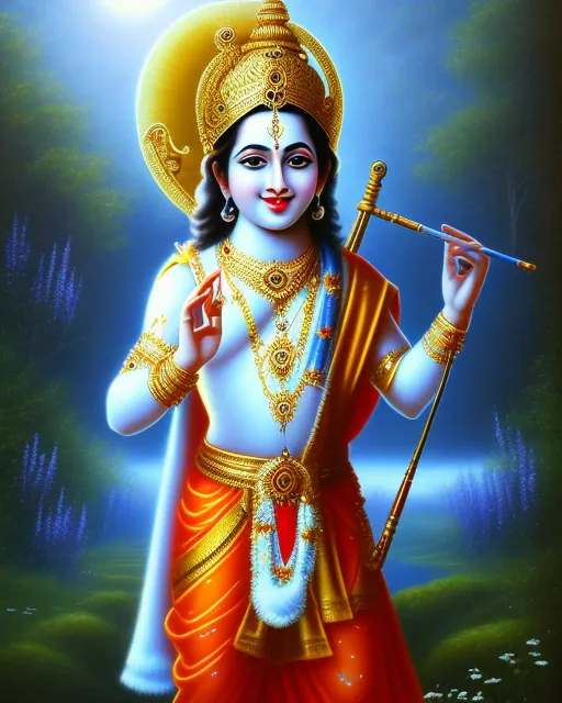 Lord shri Krishna, flute in his hand, big doe eyes, heart shaped red lips, beautiful face, smiling, boy, blue body , blue face, beautiful trees in background, hyperrealism, fantasy art, hyperdetailed, blue hour