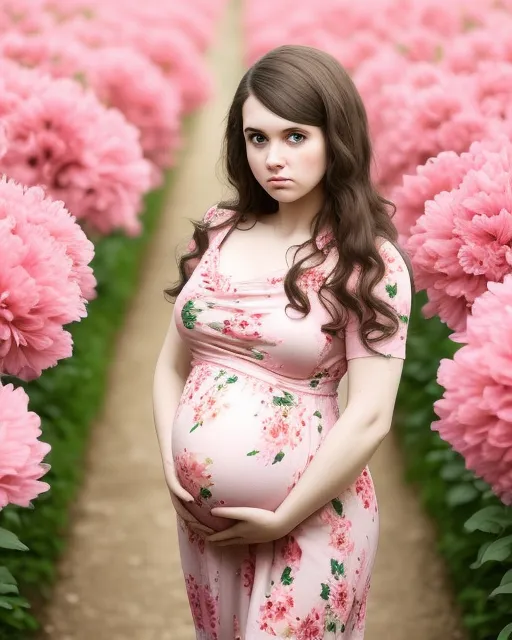 Young pregnant woman in pink floral dress