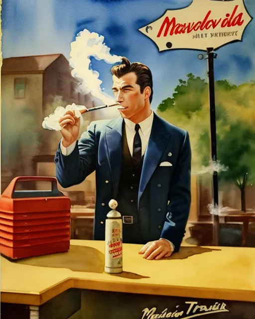 1950s advertisement of john Travolta smoking a cigarette,  Masterpiece, watercolor 