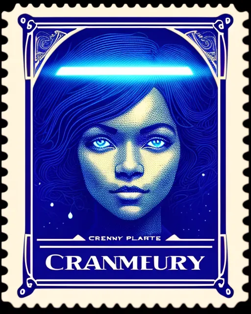 postage stamp, Ebony looking woman standing proudly on the farm, ambient blue lights, banner, hand-drawn, pixelart, detailed face, by charlie bowater, comic book, moody lighting, lens flare, chroma, split toning, EGA, beautiful, colorful, cosmic, futuristic, detailed, golden hour, iridescent, vibrant,  digital painting, hyperrealism,  surrealism, octane render,  trending on artstation, hyper detailed, crepuscule, art nouveau