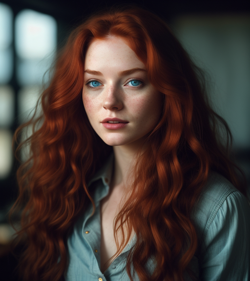 A lady, long wavy red hair, smirk, blue eyes, 