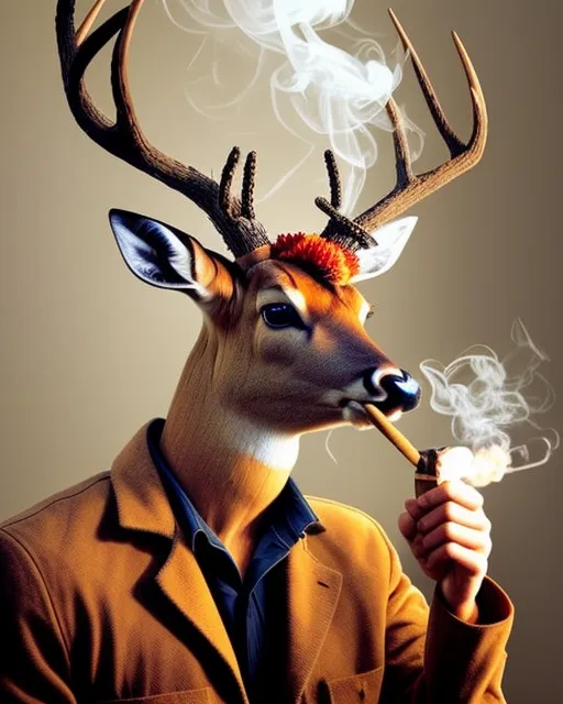 Deer with explosives on his head while smoking a cigar and 20$ in his hand