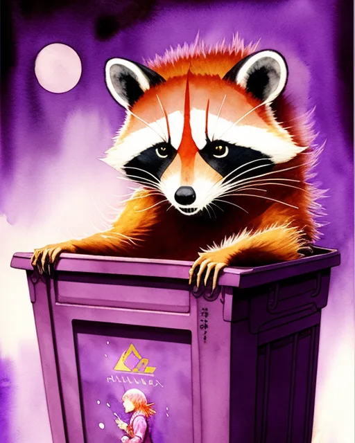 Red haired Racoon climbing out of a Purple dumpster, fantasy art, astral, akihito yoshida, chinese watercolor, romanticism