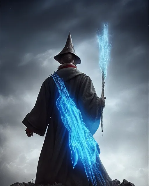 wizard with a fancy hat. arms wide spread to the sides. Casting a spell. View from behind. Full view. A dirty old black and red robe consisting of old rags hangs loosely over him. In front of the wizard a giant sphere, shines brightly in different colors. In the background a dystopic world with a destroyed small village. A long and twirled wooden wizard's stick with a small blue shining crystal at its top in his right hand. Dark Night. 