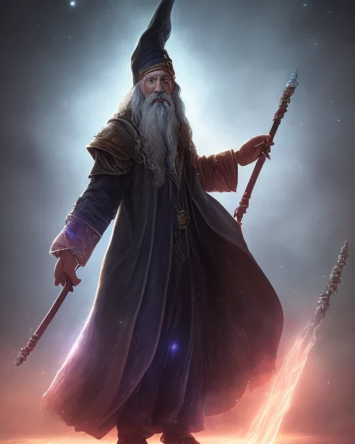 wizard with a fancy hat. arms wide spread to the sides. Casting a spell. View from behind. Full view. A dirty old black and red robe consisting of old rags hangs loosely over him. In front of the wizard a giant sphere, shines brightly in different colors. In the background a dystopic world with a destroyed small village. A long and twirled wooden wizard's stick with a small blue shining crystal at its top in his right hand. Dark Night. 