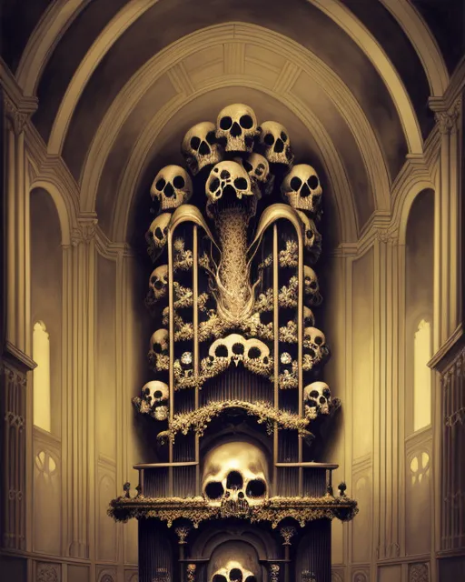 Pipe organ made of skulls and bones, fantasy art, Anna Dittmann, seb mckinnon, victo ngai, tonalism, matte painting, rococo, hyperrealism, anthony van dyck, annibale carracci, camille corot