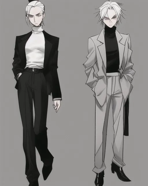 androgynous appearance, hair is tied back, two different colors, black and white, wearing a turtleneck sweater, a cardigan, a brown jacket, slacks that end at its ankles, simple dress shoes.

