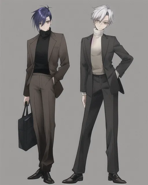 One person, androgynous appearance,two toned hair tied up, wearing a turtleneck sweater, a cardigan, a brown jacket, slacks that end at its ankles, simple dress shoes.

