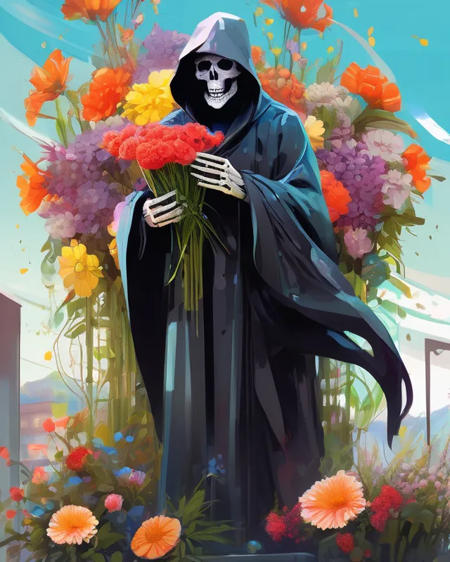 Grim Reaper at a flower market