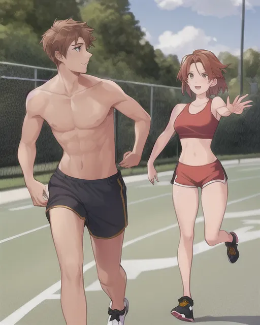 A young man with light brown hair, wearing running shorts,  running shoes, and shirtless, is speaking to a young woman with auburn hair, who is wearing running shorts, running shoes, and a sports bra, as she stretches next to an outdoor running track