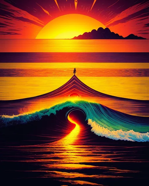 Tsunami at Sun set, by alena aenami, by josan, alexander jansson, colorful, golden hour, vibrant, ominous, photorealistic, hyperrealism, surrealism, realism, seb mckinnon, astral, cosmic, mysterious, josan gonzalez, deviantart