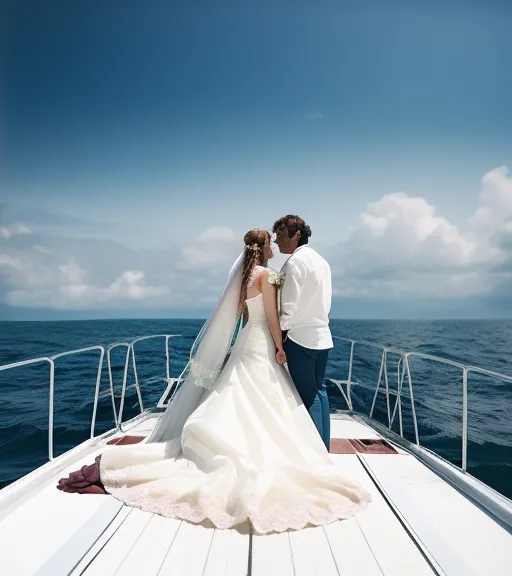 Wedding couple on boat, 8k - AI Photo Generator - starryai