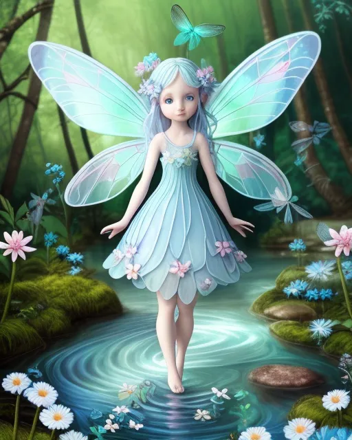 Tiny, detailed fairy with very pale bluish white skin, pastel blue flowing hair, gossamer dragonfly wings, vines and flowepetals for clothing. In a colorful whimsical forest near a stream with many green trees, flowers, plants, small wildlife, butterflies.