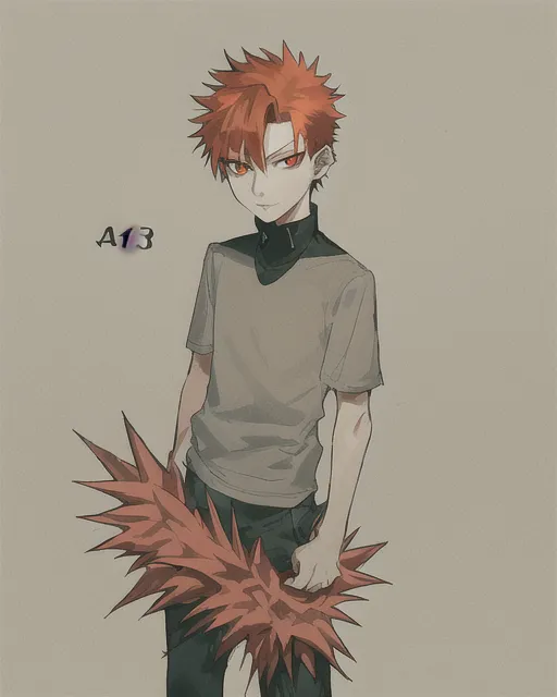 A 13 year old boy with spiky red hair and dark orange eyes 