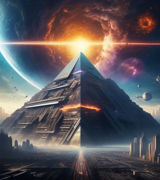 Futuristic pyramid incoming black hole - AI Photo Generator - starryai