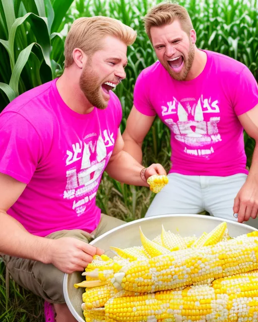 White men eating corn, wearing hot pink, festival, party, big teeth