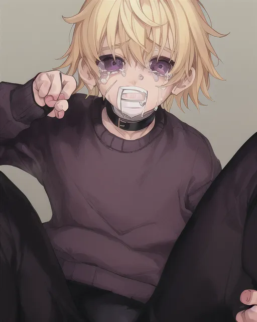 Cute fragile boy, bandaids on his face and hands, blonde hair, big dark purple sweater, black pants, crying