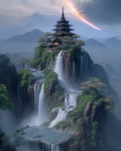 Buddhist temple sitting atop a mountain with waterfalls in space with a supernova above it, ,  extreme detail,  digital art,  4k,  ultra hd,  detailed,  vibrant,  sharp focus,  wlop,  unreal engine, beautiful fantasy landscape,  realistic and natural,  cosmic sky,  detailed full-color,  nature,  hd photography,  realistic surrealism,  elements by nasa,  magical,  detailed,  gloss,  hyperrealism