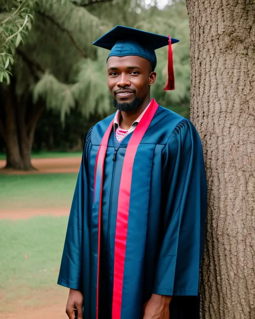 Photo of a kenyan man aged 30 years in a graduation gown with a background of nature