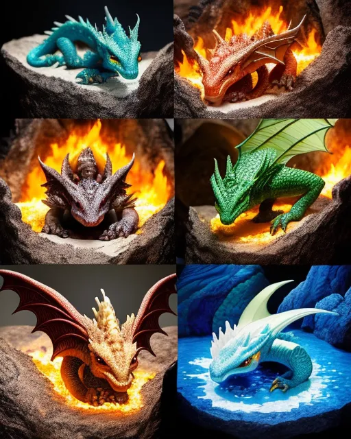 Four dragons that all have their own element(fire, water, wind and earth), in caves and in the mountains, all in picture, clear eyes, bright and fitting eyes, extremely detailed, realistic and hyperrealism 