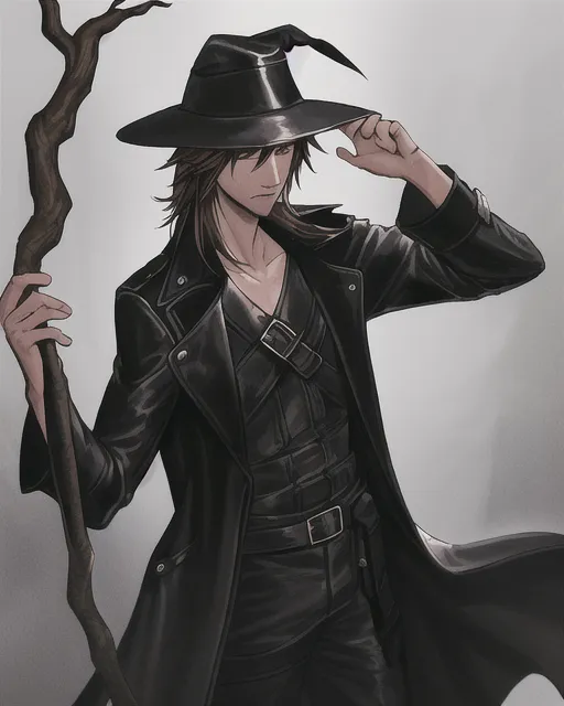 Male character, modern day wizard, messy brown chin length hair, black leather trench coat, flat brimmed hat, holding a staff made of a dark oak branch