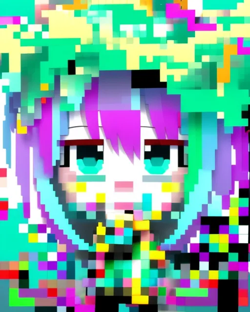 hatsune miku, pixelated, colorful, monotone face, soft face, big eyes, cute, exaggerated style, cut and paste, abstracted, abstract background, random letters, random numbers, computer code, abstract numbers, miku, unclear, warped, almost abstract, soft blended face