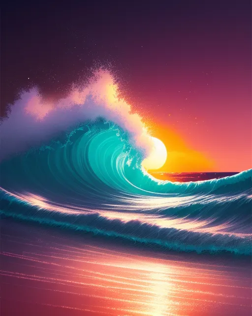 sunset, big waves, Transcendent, vibrant colors, 8k, Lively, digital painting, Luminescent, cosmic voyages, Fairy tales , vectorial illustration, 8k render, Suprematism, Pop Art, Miki Asai Macro photography, close-up, hyper detailed, trending on artstation, sharp focus, studio photo, intricate details, highly detailed, by greg rutkowski, soft lighting, concept art, digital, original, cinematic, sublime composition, 8K