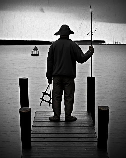 Fisherman standing on the edge of a dock, hook for hand, trident in other hand, night, raining, threatening 