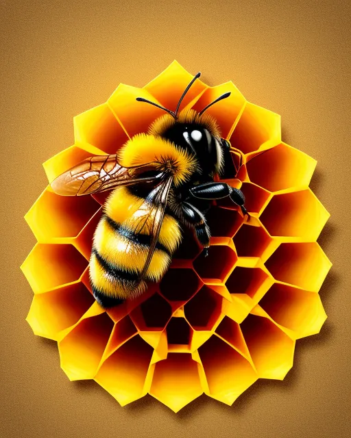 Centre huge bumble bee, honeycomb background, realistic, 