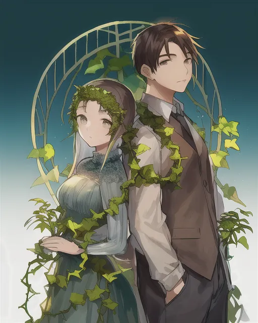 A couple. Beautiful and bright background vines and greenery, plants