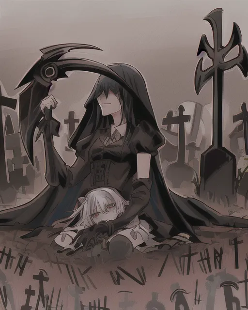 Scythe girl hold skull and girl crying, graveyard 