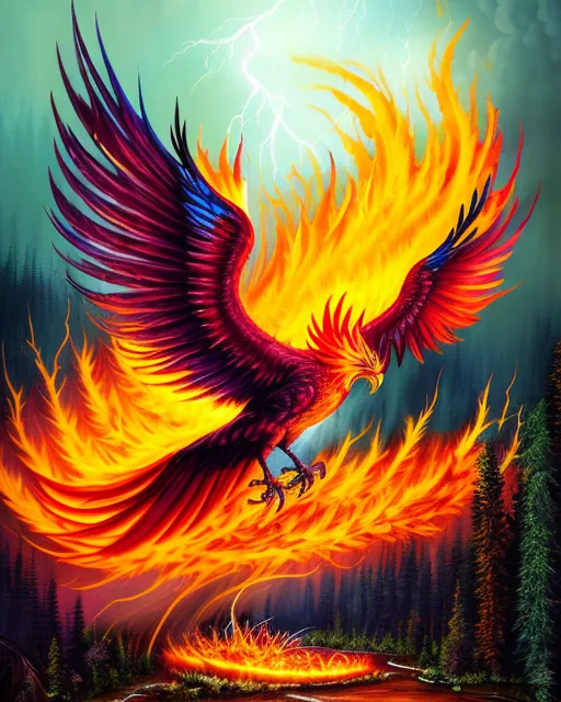 A Phoenix rising up from the forest floor in all its flaming glory, superrealistic, perfect in physical attributes, with, thunderstorm, landscape, detailed, colorful, post-apocalyptic, digital painting,  digital illustration,  extreme detail,  digital art,  4k,  ultra hd, matte painting, oil on canvas, hyperrealism, lightwave