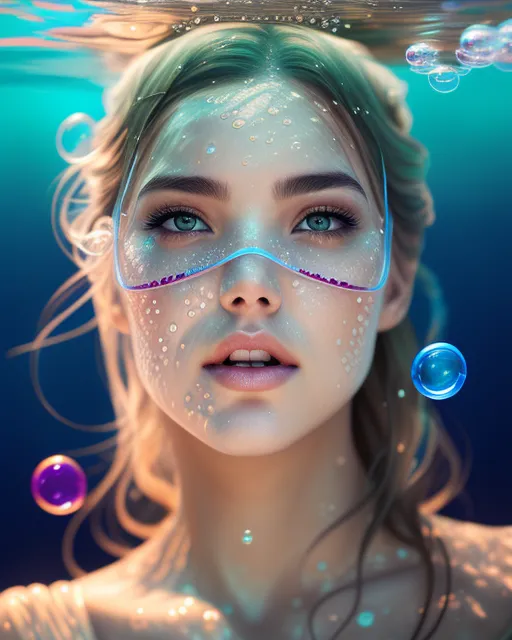 ((Beautiful woman underwater looking at camera while blowing bubbles)), digital painting, digital illustration, extreme detail, digital art, 4k, ultra hd, concept art, watercolor, yanjun cheng, hyperrealism, trending on artstation, beautiful, radiant, serene, sunshine rays, photorealistic, vibrant, sharp focus, dynamic pose, detailed, organic tracery, perfect composition, portrait, beautiful portrait, realistic portrait, clear water, bubbles, close-up